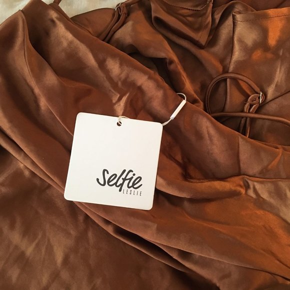 NWT SELFIE LESLIE WELL VERSED Pleated Bust Chocolate Satin Front Slit Dress - Picture 6 of 7